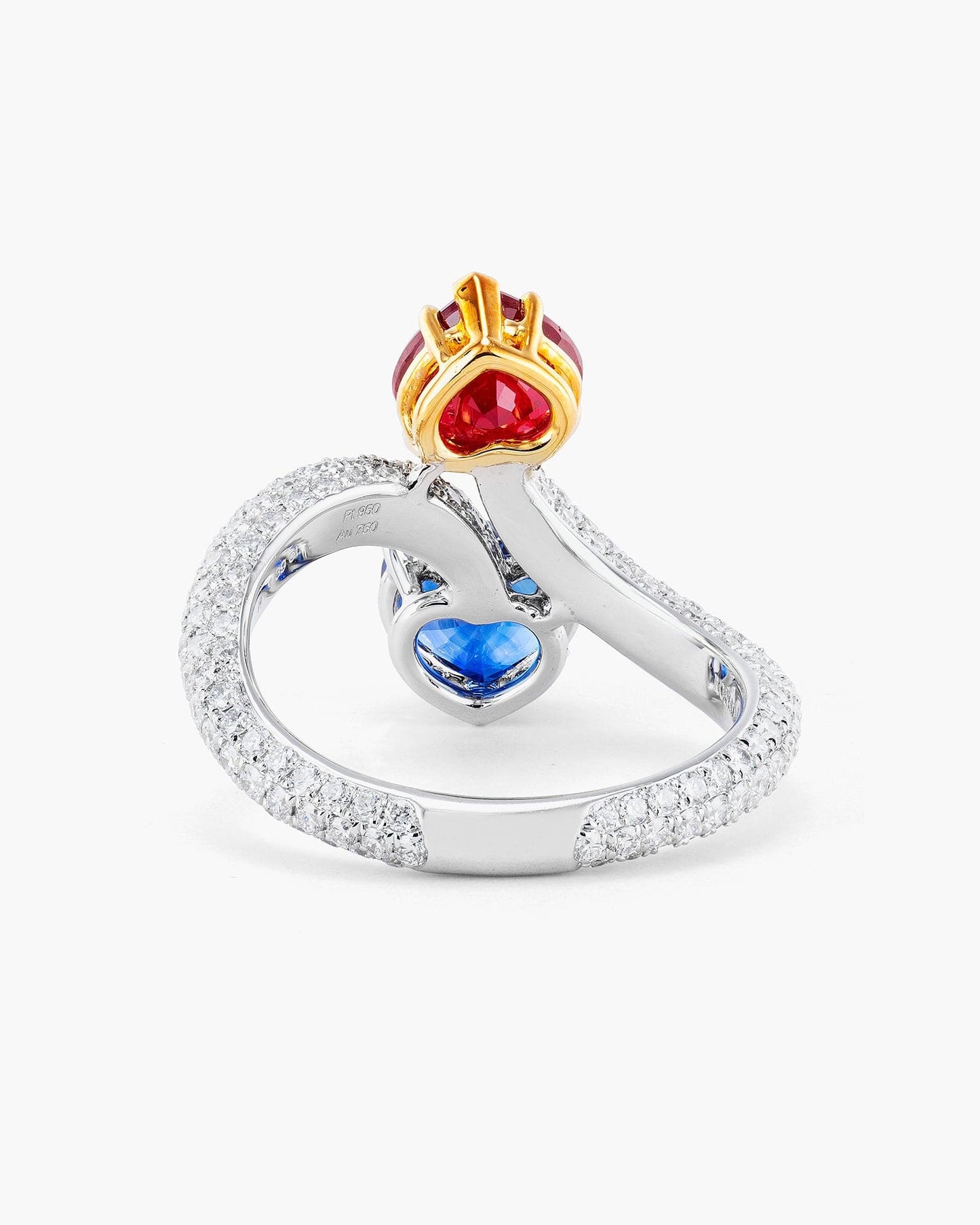 Heart Shape Ceylon Sapphire, Burmese Ruby and Diamond Toi-et-Moi Ring