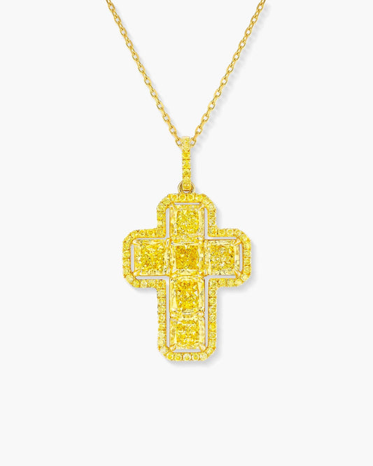 Radiant Cut Yellow Diamond Cross Pendant Necklace, 3.41 carats
