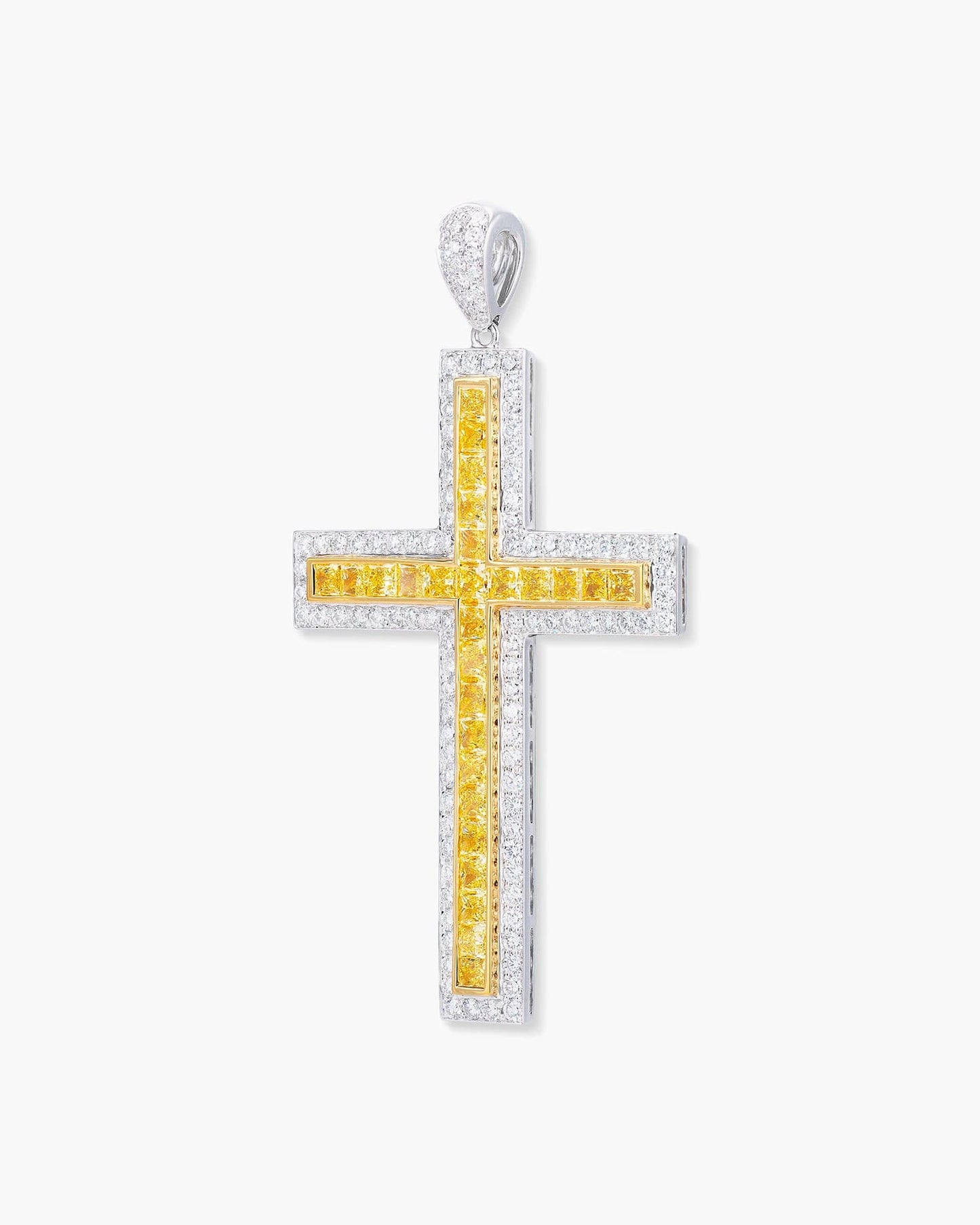 Princess Cut Yellow and White Diamond Cross Pendant Necklace, 7.39 carats