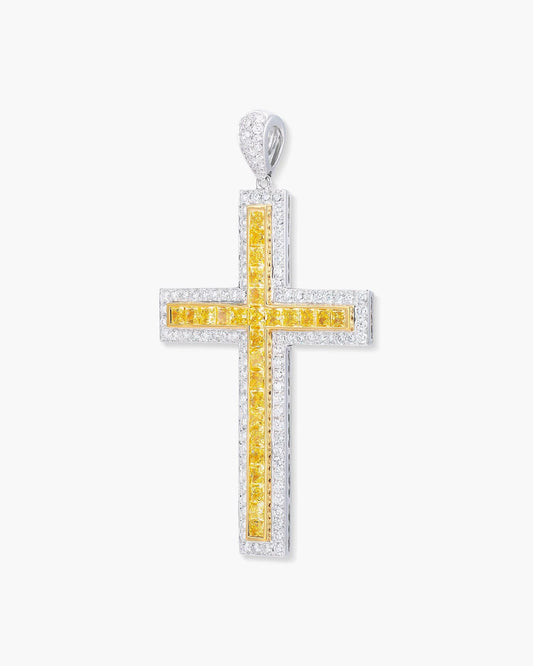 Princess Cut Yellow and White Diamond Cross Pendant Necklace, 7.39 carats