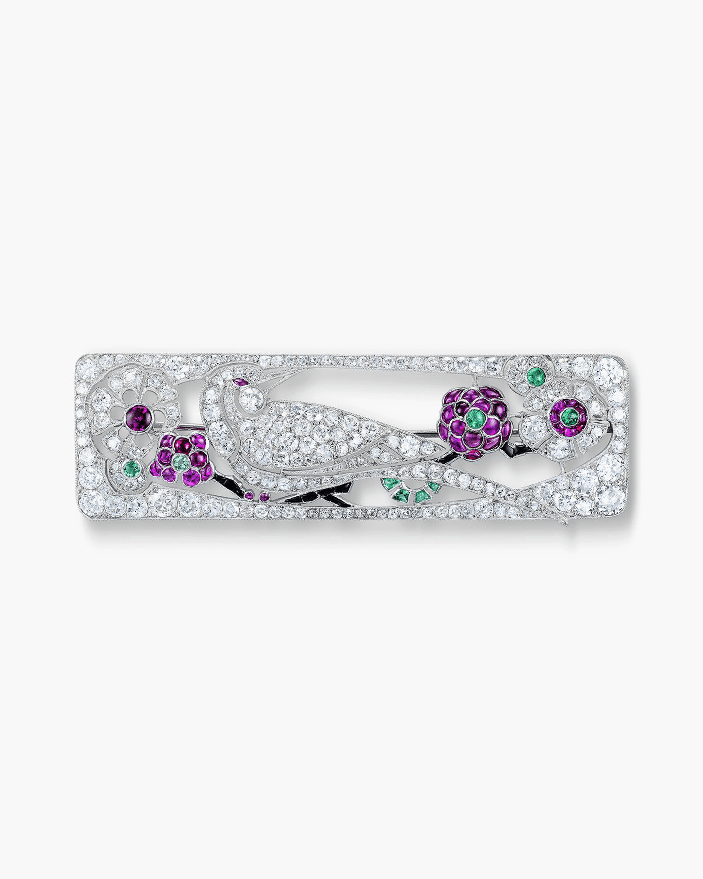 Edwardian Diamond, Ruby and Emerald Bird Brooch