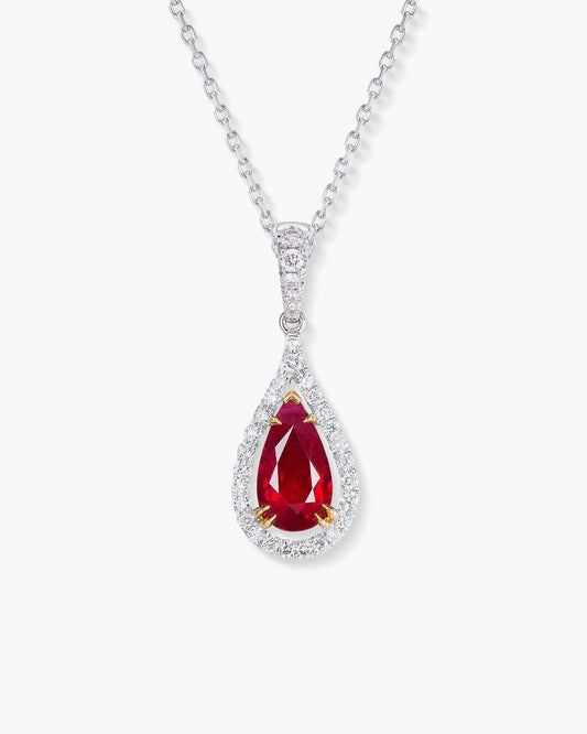 1.35 carat Pear Shape Burmese Ruby and Diamond Pendant Necklace