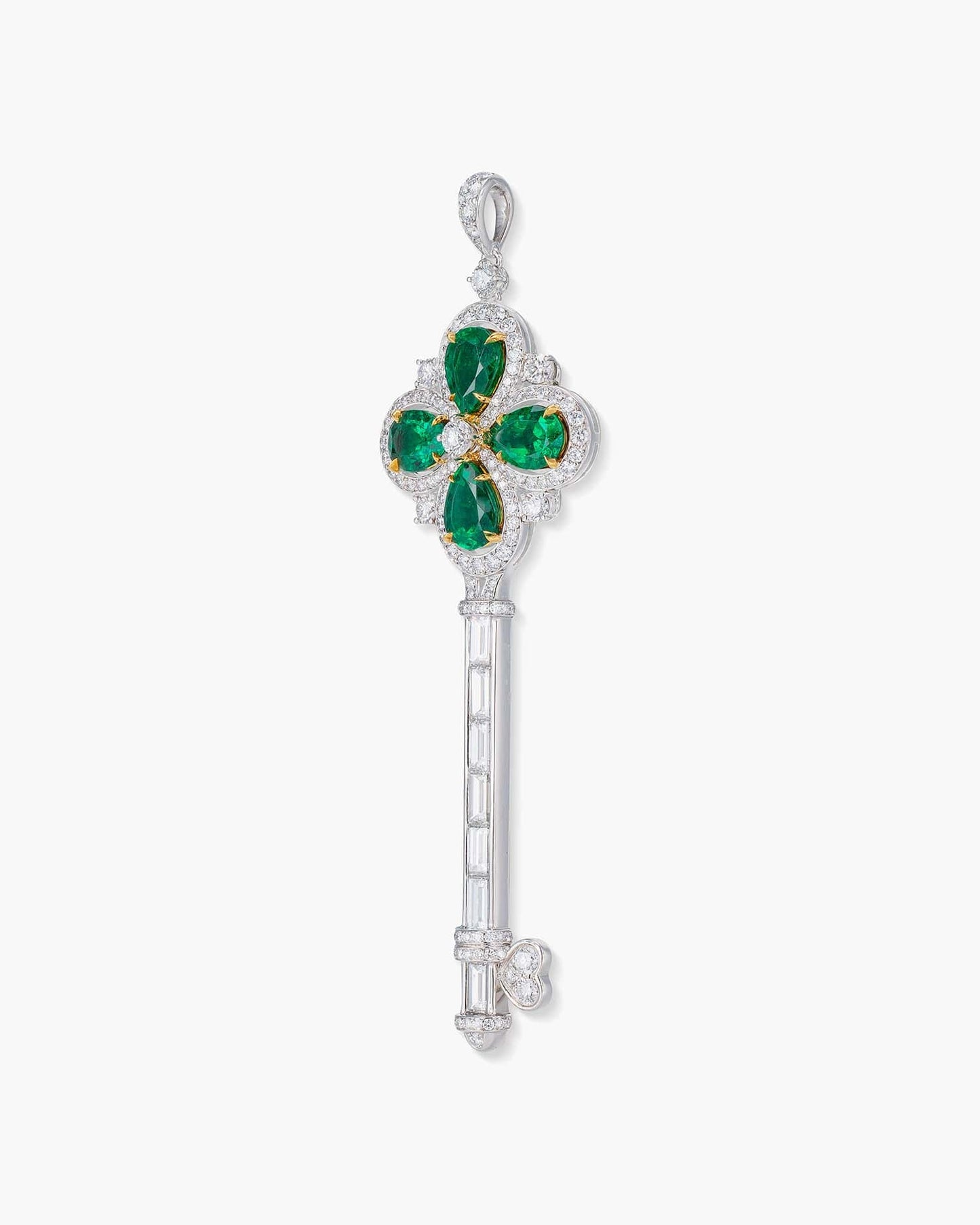 Pear Shape Emerald and Diamond Key Pendant Necklace, 6.81 carats