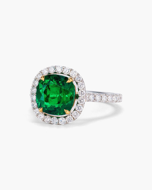 2.64 carat Cushion Cut Colombian Emerald and Diamond Ring