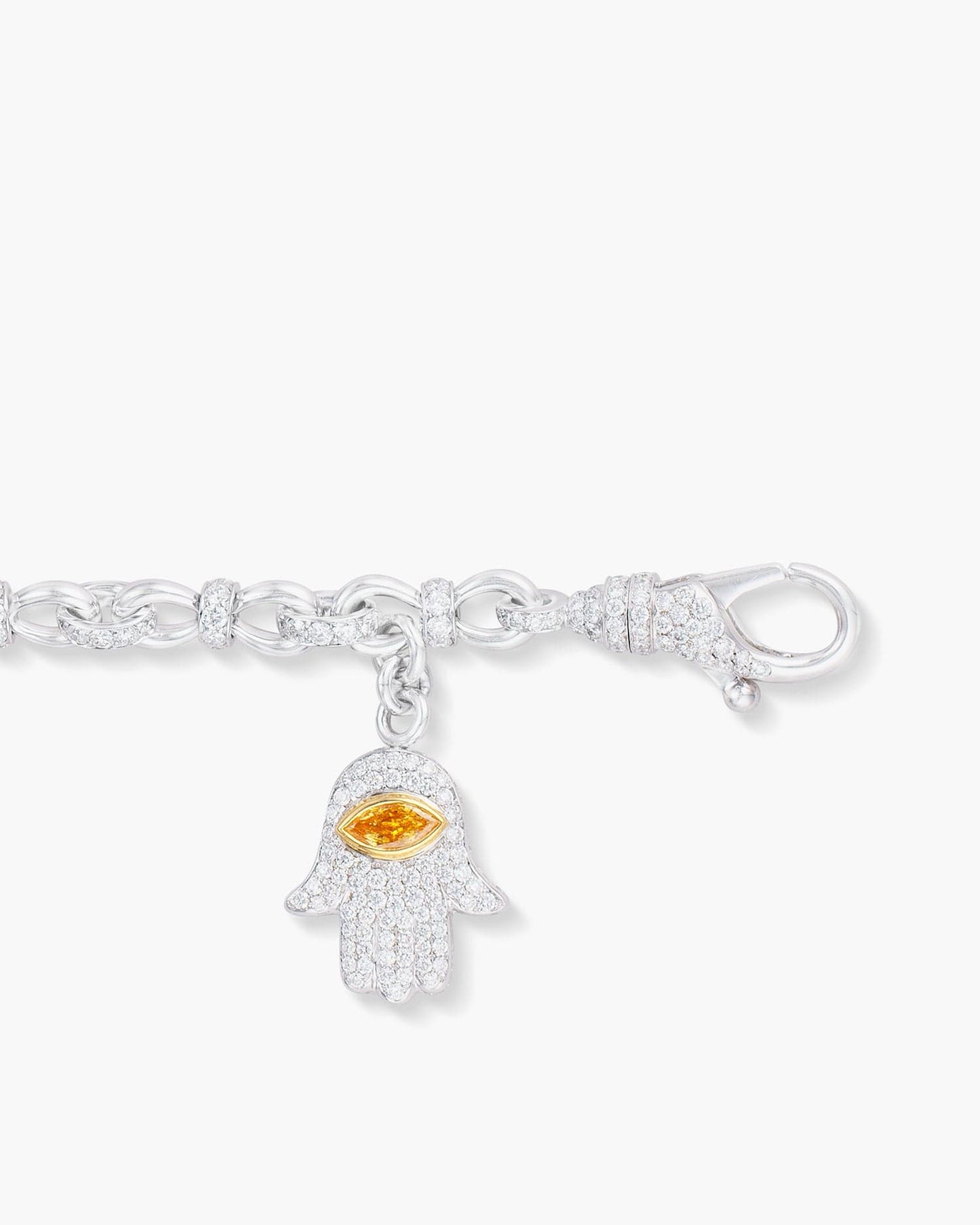 Marquise Shape Orange and White Diamond Charm Bracelet with Hamsa Charm