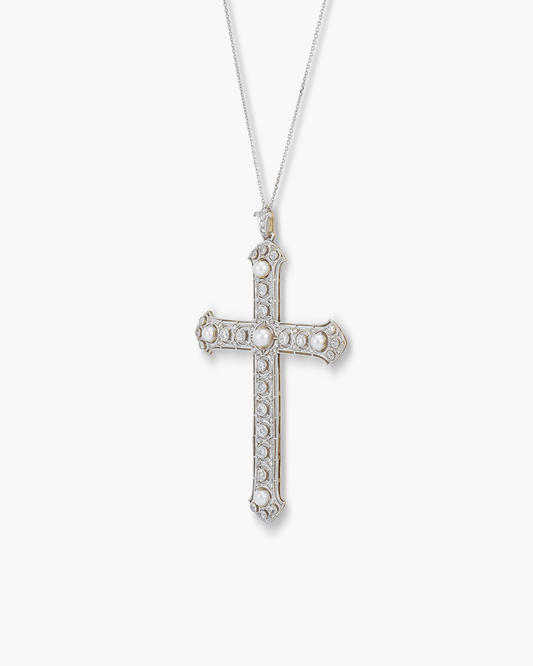 Edwardian Diamond and Pearl Cross Pendant