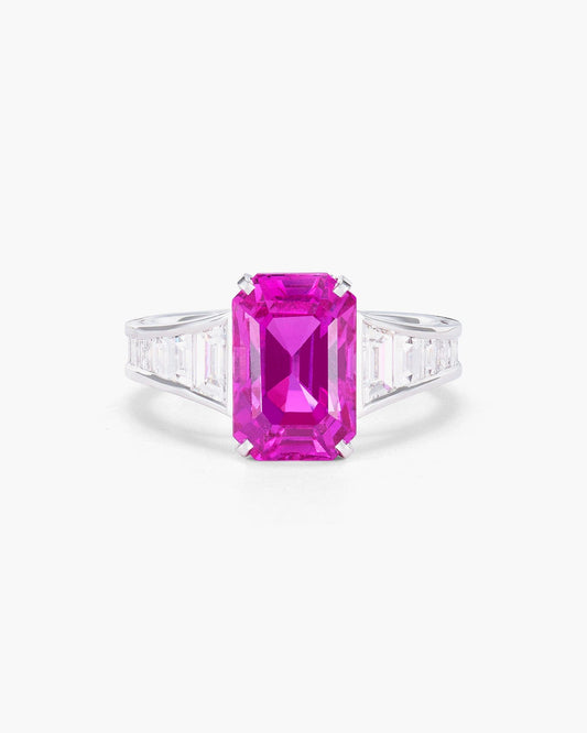 4.31 carat Emerald Cut Madagascar Pink Sapphire and Diamond Ring