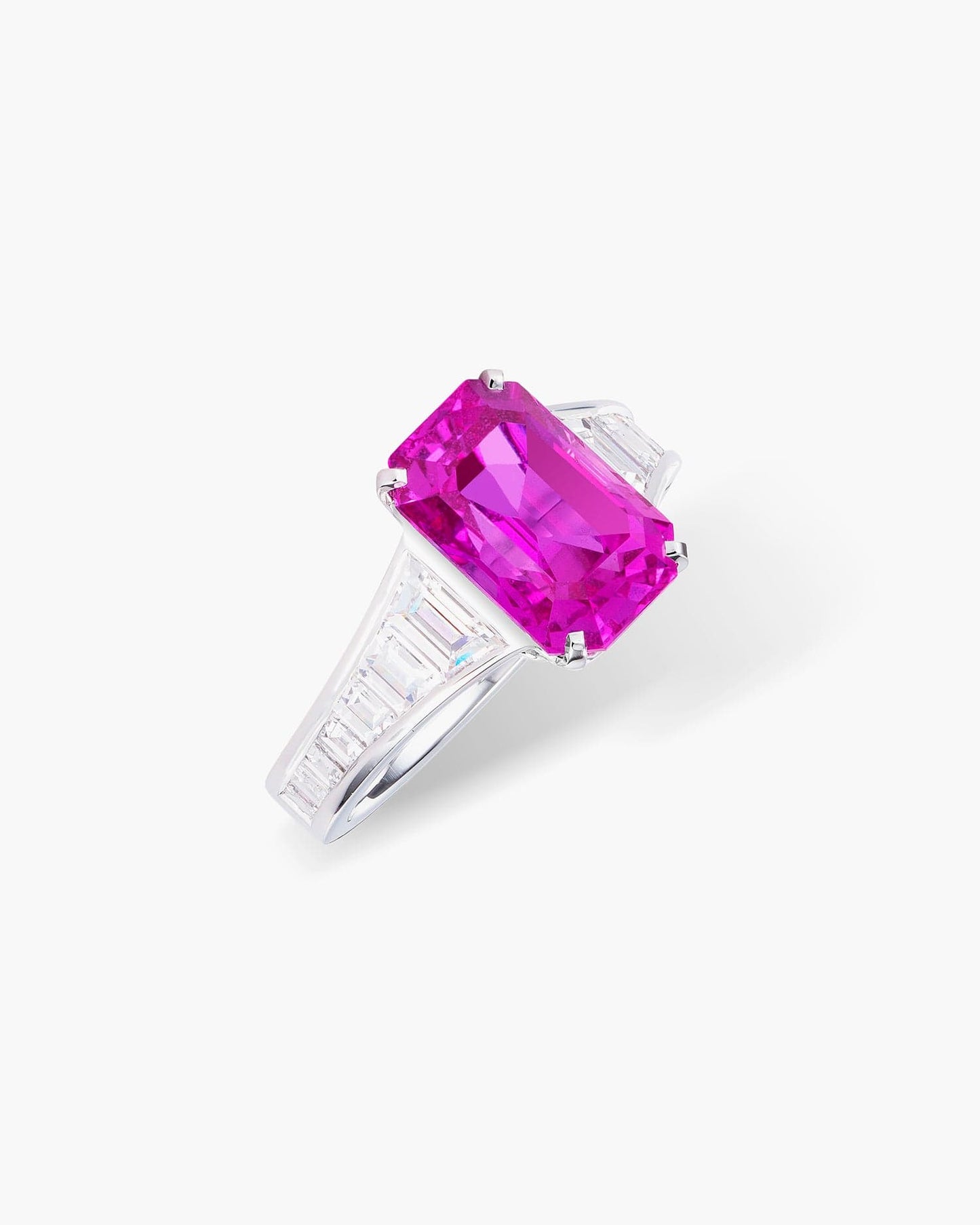 4.31 carat Emerald Cut Madagascar Pink Sapphire and Diamond Ring