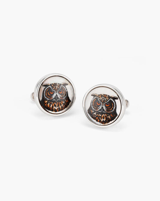 Mother of Pearl and Crystal Hand Painted Owl Cufflinks