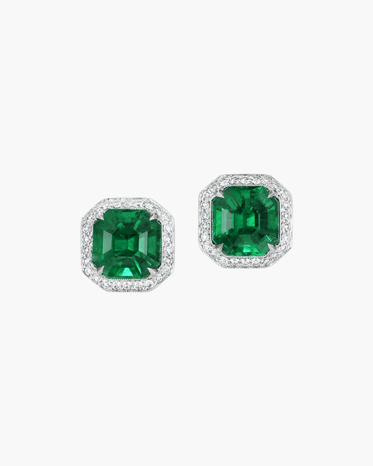 5.37 carat Emerald Cut Colombian Emerald and Diamond Ear Studs