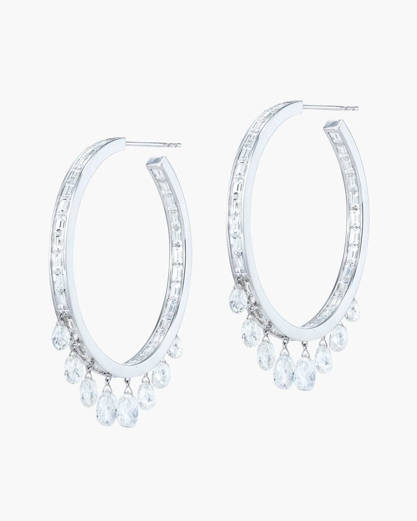Briolette and Baguette Diamond White Gold Hoop Earrings