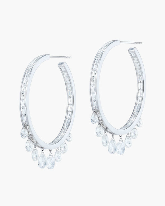 Briolette and Baguette Diamond White Gold Hoop Earrings