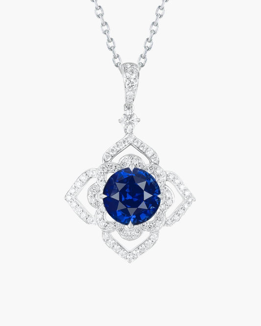 4.49 carat Round Cut Ceylon Sapphire and Diamond Lotus Pendant Necklace