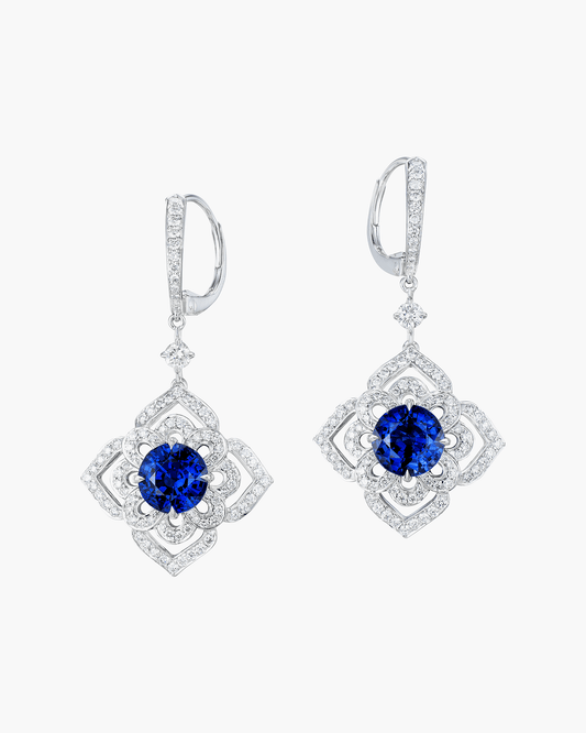 4.12 carat Round Cut Ceylon Sapphire and Diamond Lotus Earrings