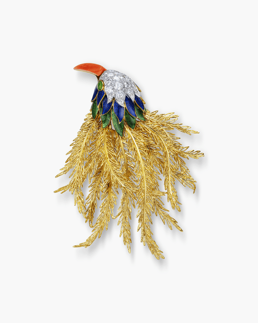 Estate Enamel, Diamond and Coral Bird Brooch by Mauboussin