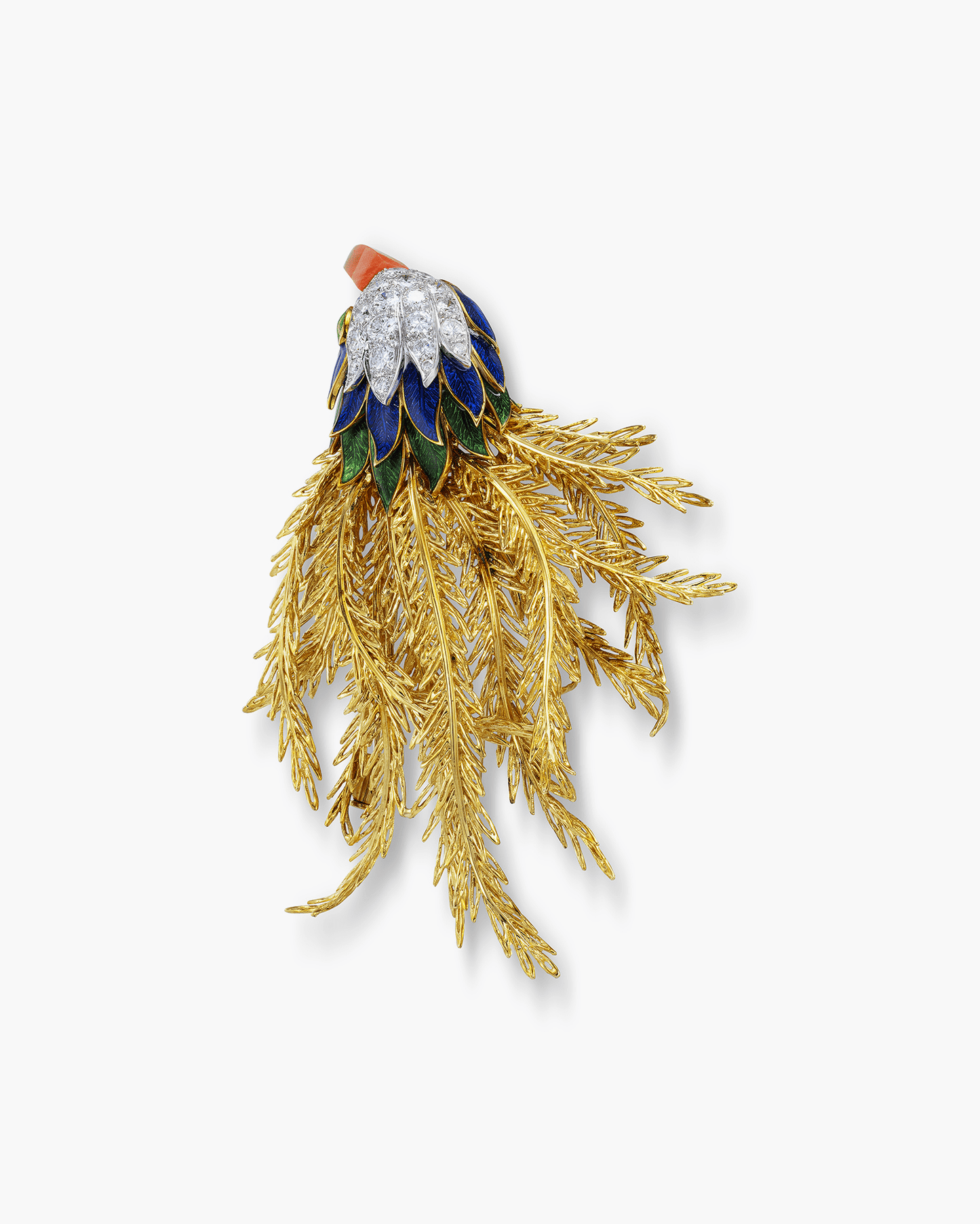 Estate Enamel, Diamond and Coral Bird Brooch by Mauboussin