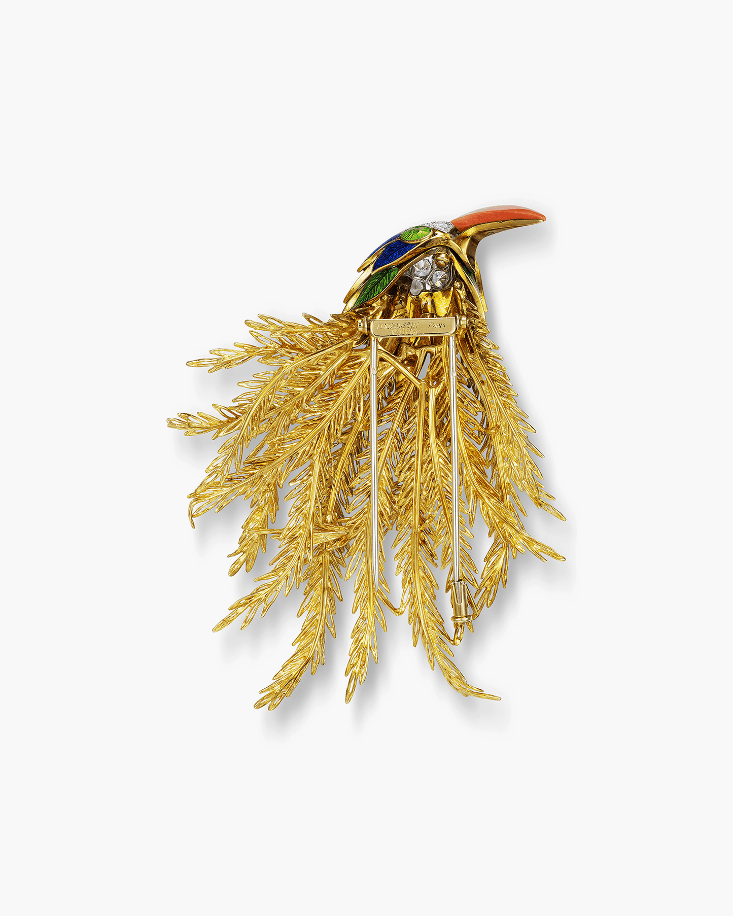 Estate Enamel, Diamond and Coral Bird Brooch by Mauboussin