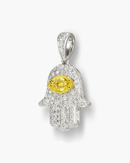 Yellow and White Diamond Hamsa Pendant Necklace, 0.71 carats