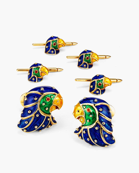 Blue Enamel Parrot Cufflinks and Stud Set