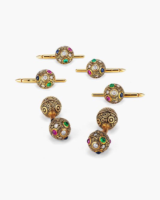 Diamond, Sapphire, Ruby and Emerald Engraved Ball Cufflinks and Stud Set