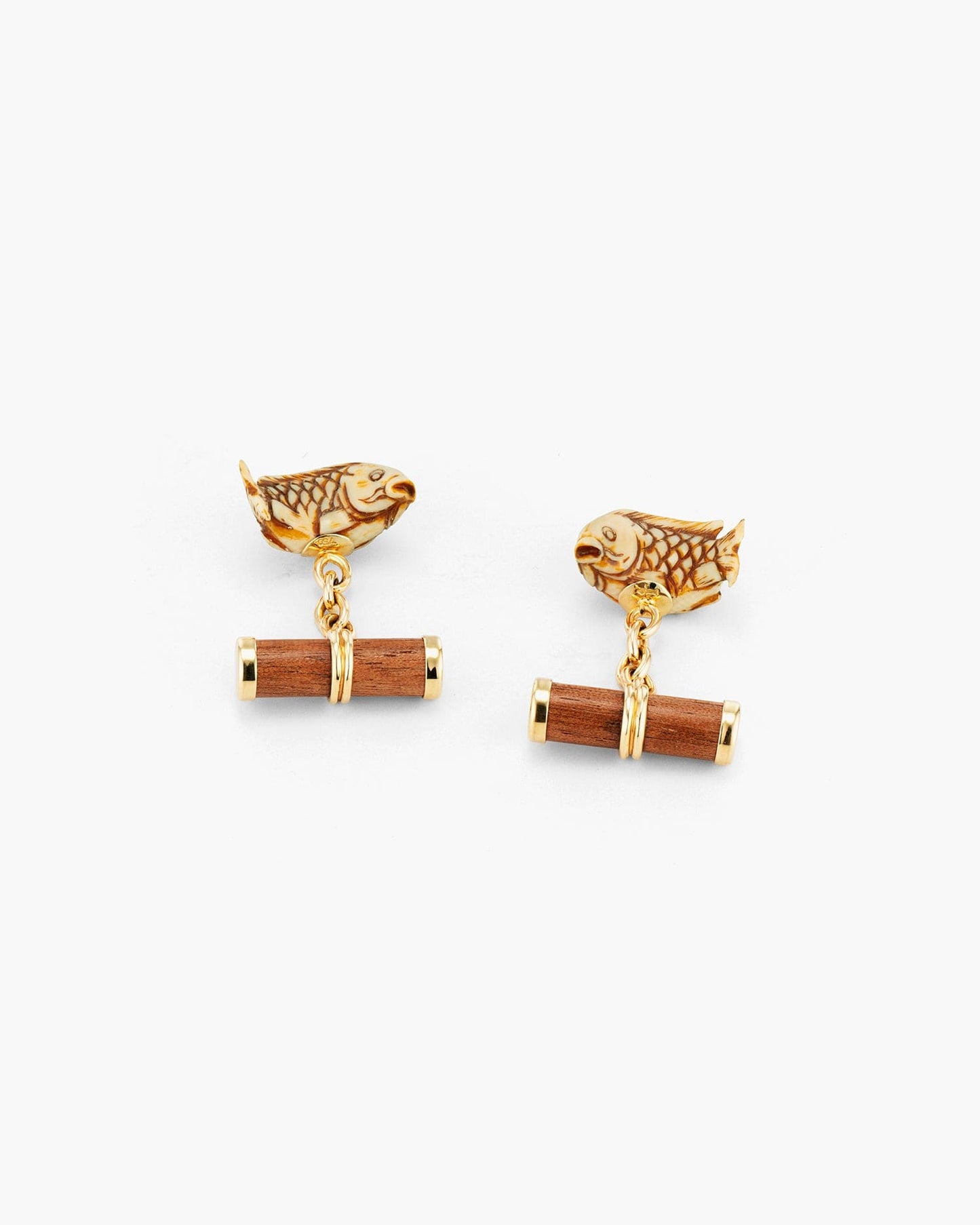 Carved Mammoth Ivory and Walnut Wood Koi Fish Cufflinks