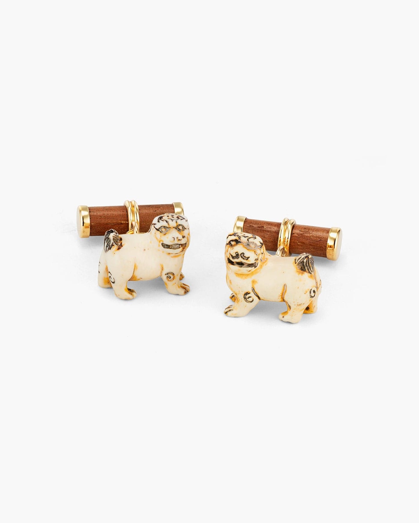 Carved Mammoth Ivory and Walnut Wood Foo Dogs Cufflinks