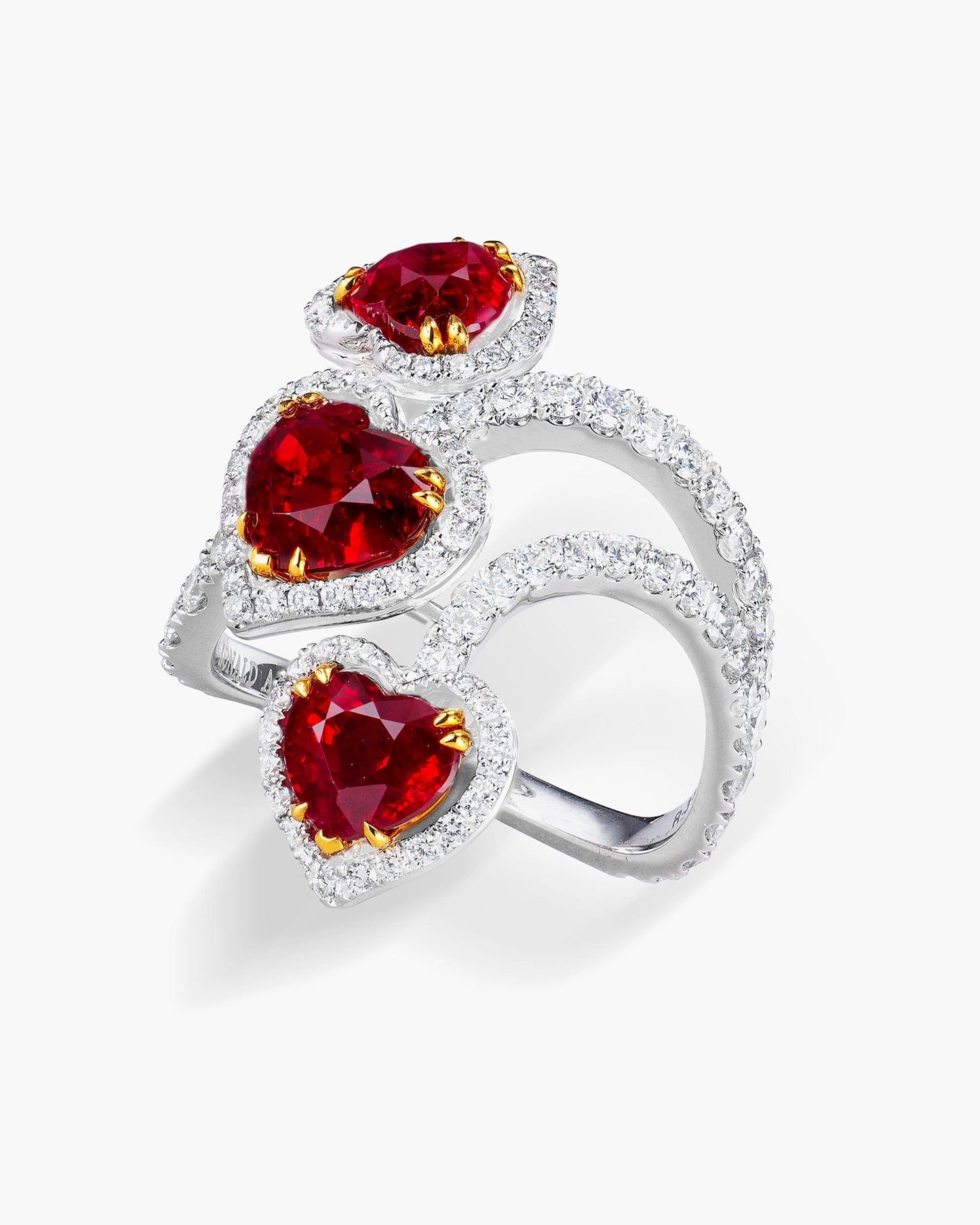 Three-Stone Heart Shape Burmese Ruby and Diamond Ring