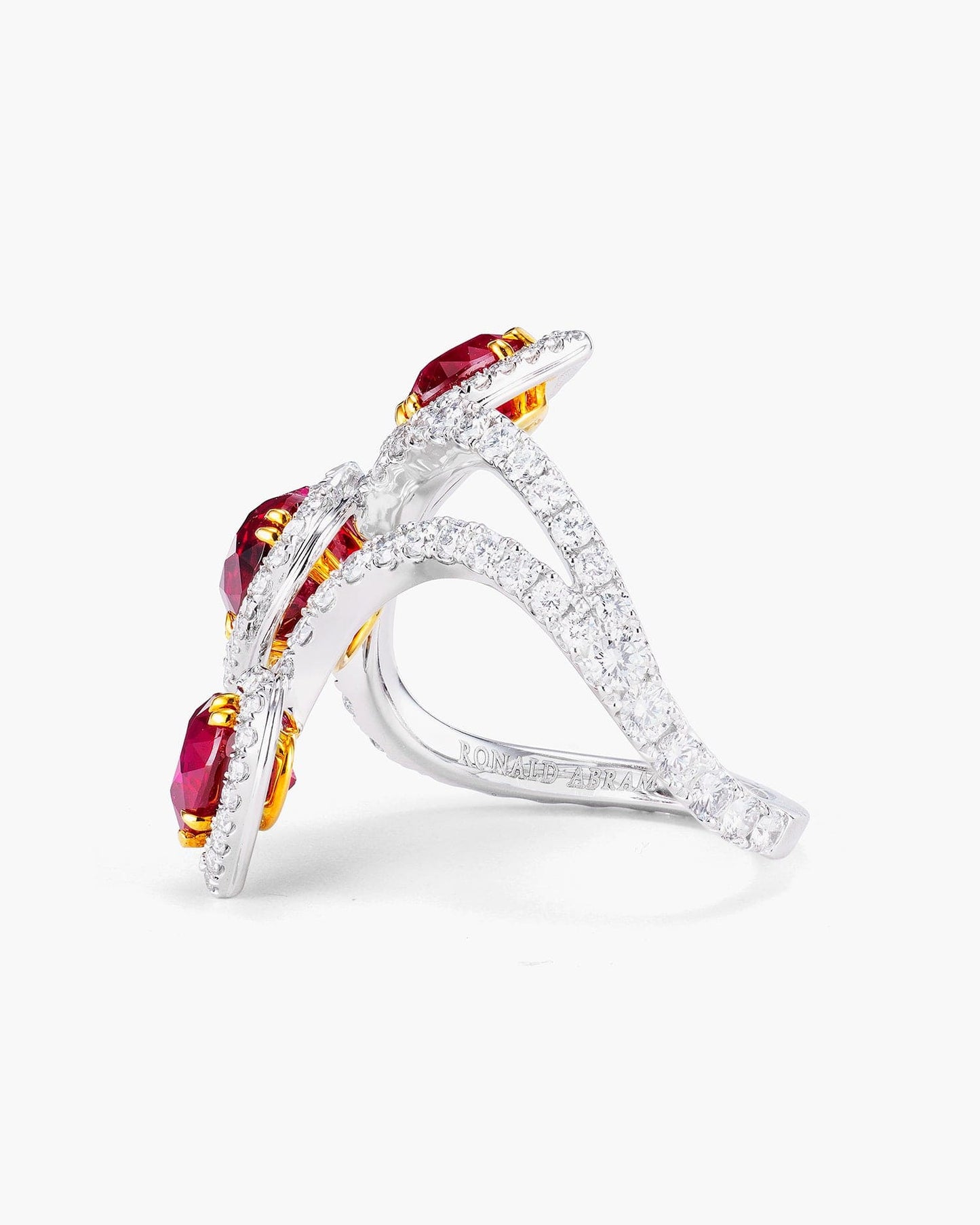 Three-Stone Heart Shape Burmese Ruby and Diamond Ring