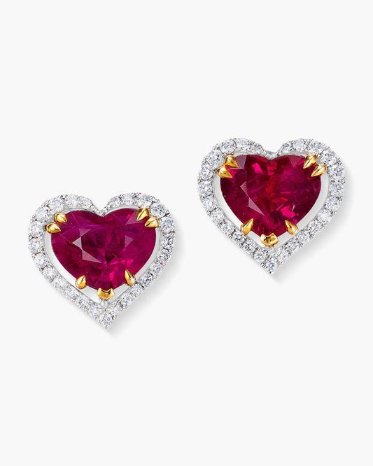 2.23 carat Heart Shape Burmese Ruby and Diamond Ear Studs