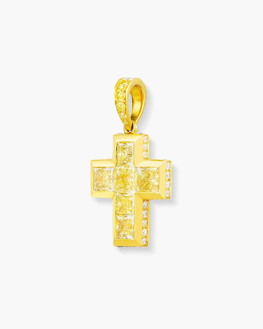 Princess Cut Yellow and White Diamond Cross Pendant Necklace, 1.77 carats