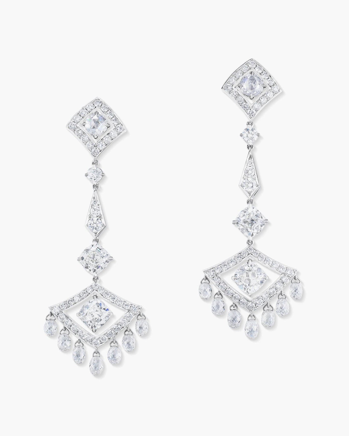 Briolette and Antique Cushion Cut Diamond Drop Earrings