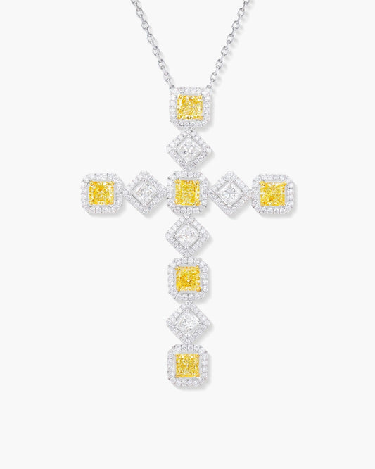 Radiant Cut Yellow and White Diamond Cross Pendant Necklace, 4.85 carats