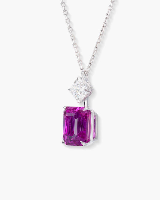 3.00 carat Emerald Cut Ceylon Pink Sapphire and Diamond Pendant Necklace