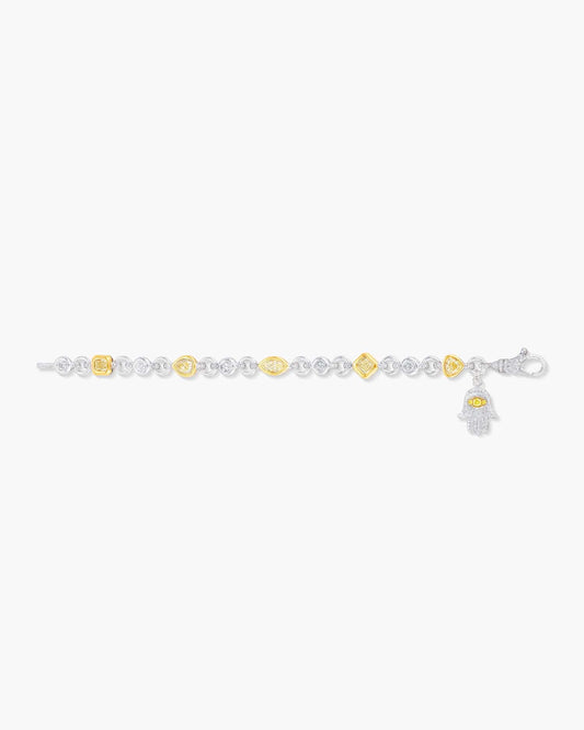 Yellow and White Diamond Charm Bracelet with Hamsa Charm