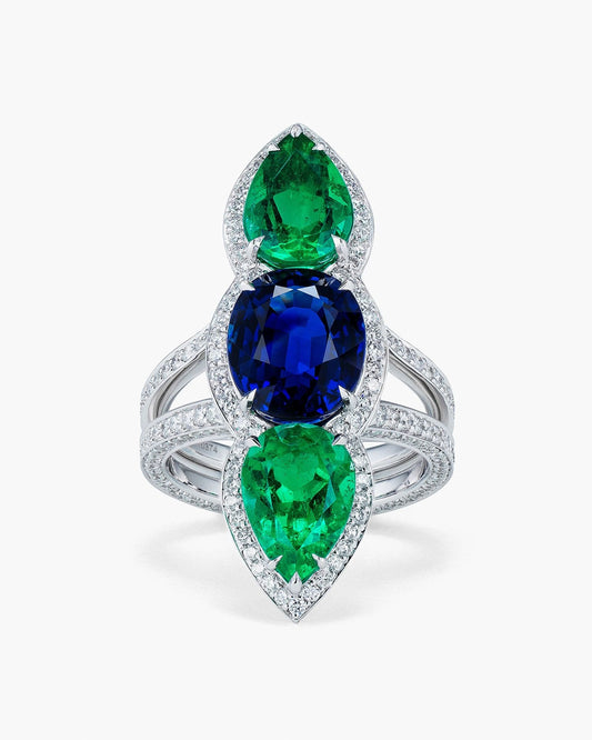 Three-Stone Sapphire, Emerald and Diamond Ring