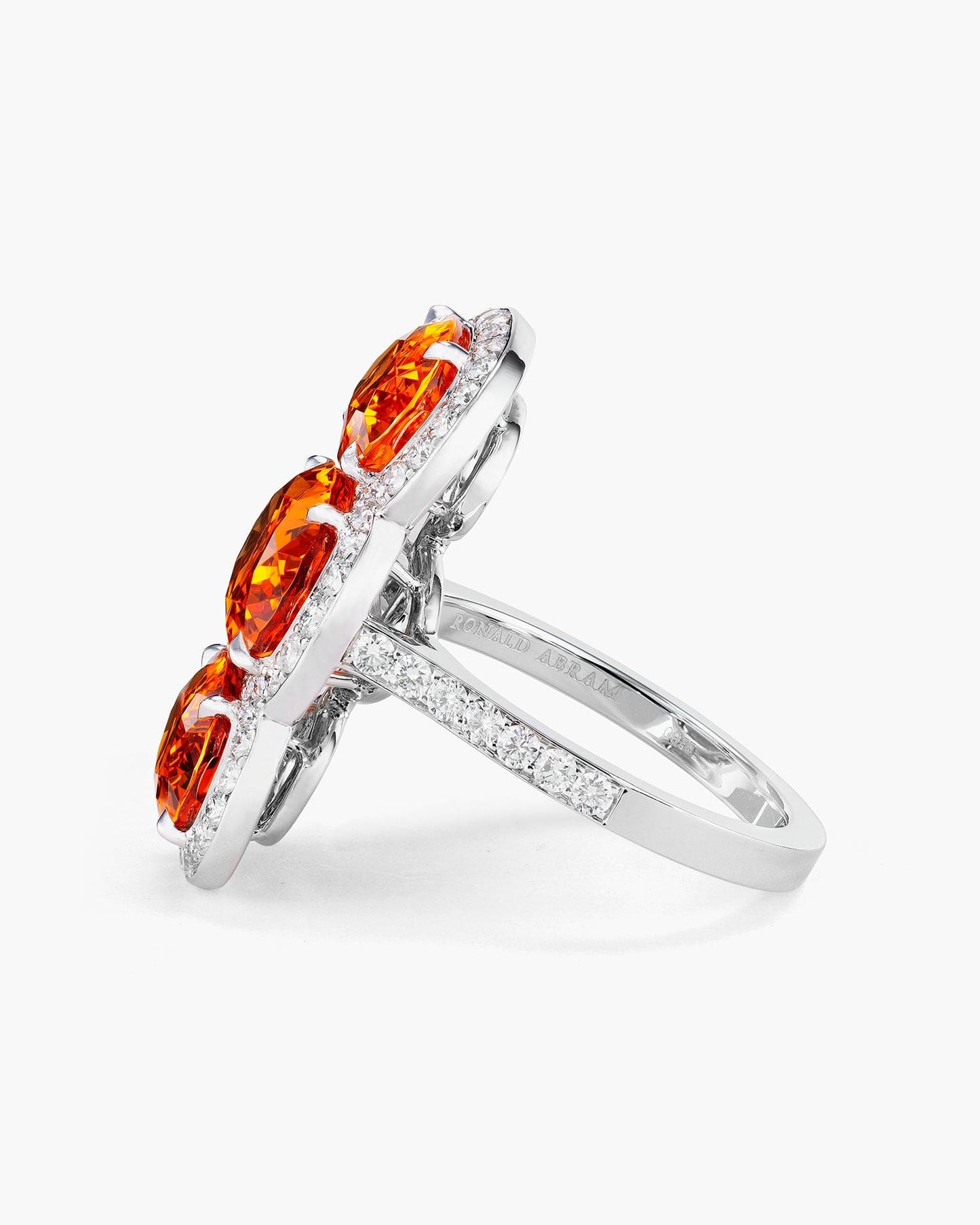 Three-Stone Oval Shape Mandarin Garnet and Diamond Ring