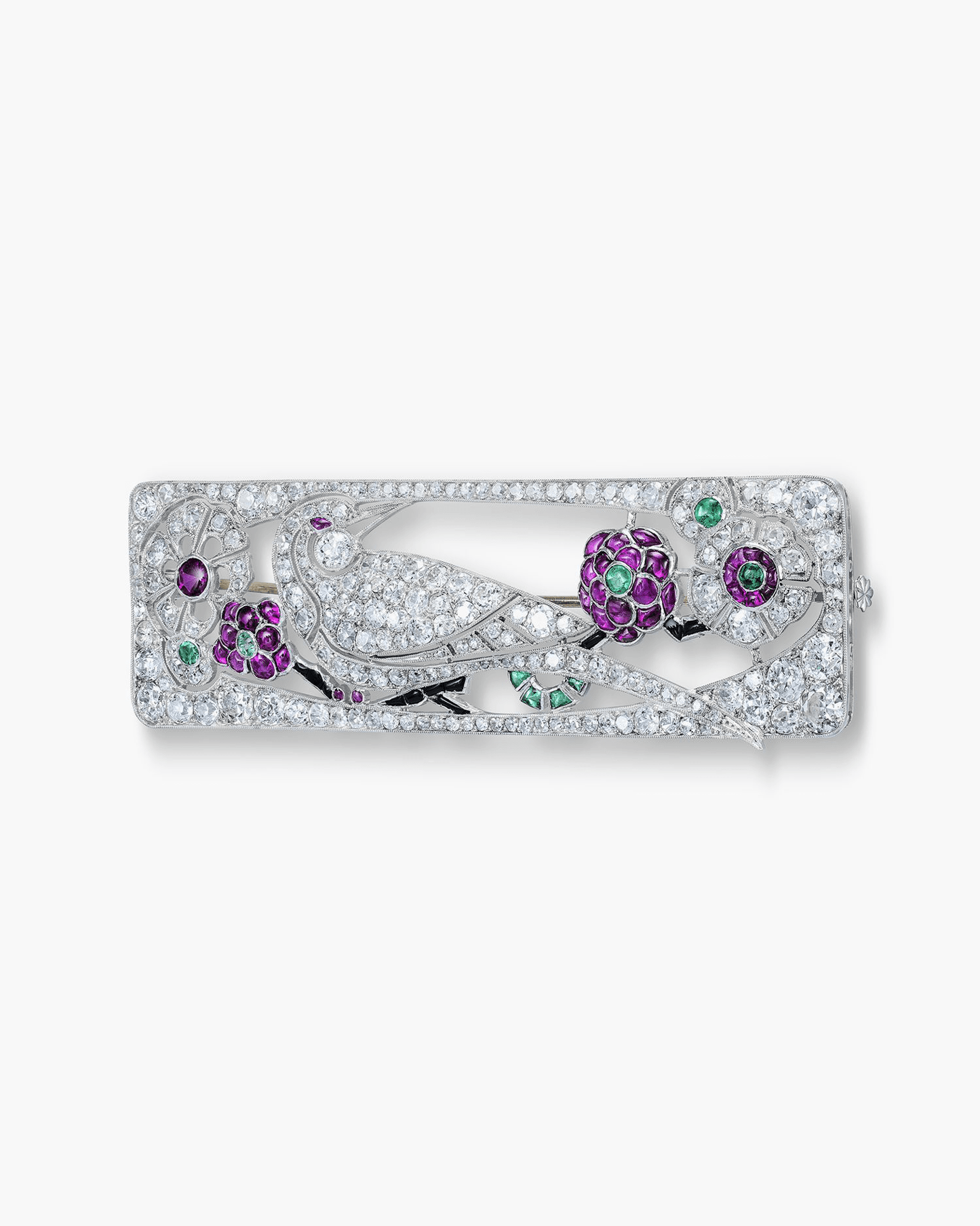Edwardian Diamond, Ruby and Emerald Bird Brooch