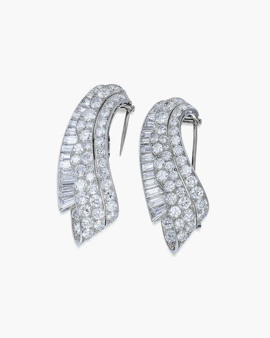 Art Deco Diamond Double Clip Wave Brooches