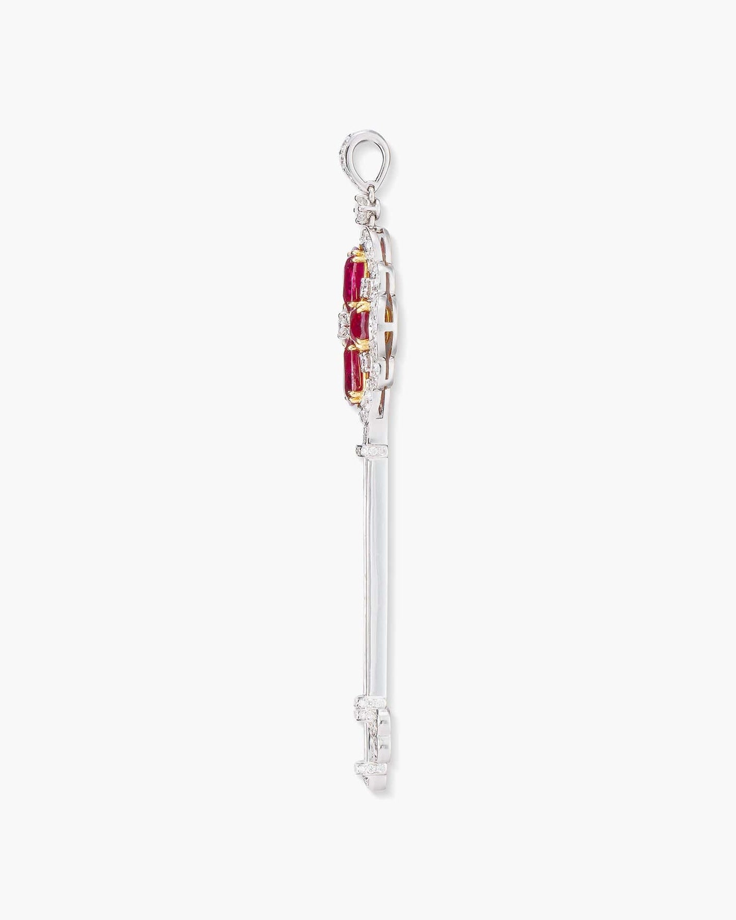 Pear Shape Burmese Ruby and Diamond Key Pendant Necklace, 6.89 carats