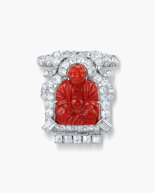 Art Deco Coral and Diamond Buddha Brooch