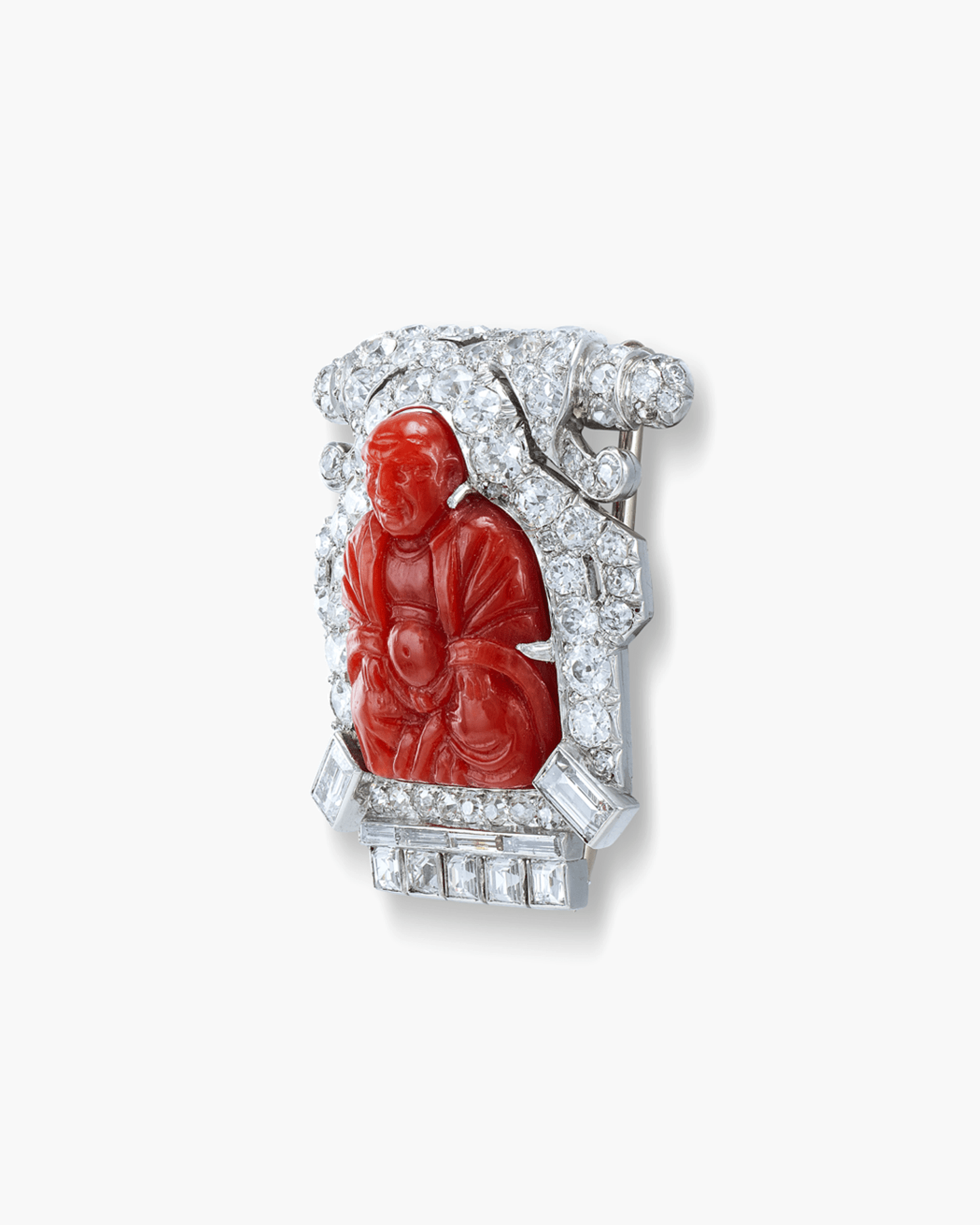 Art Deco Coral and Diamond Buddha Brooch