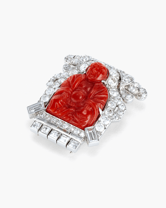 Art Deco Coral and Diamond Buddha Brooch