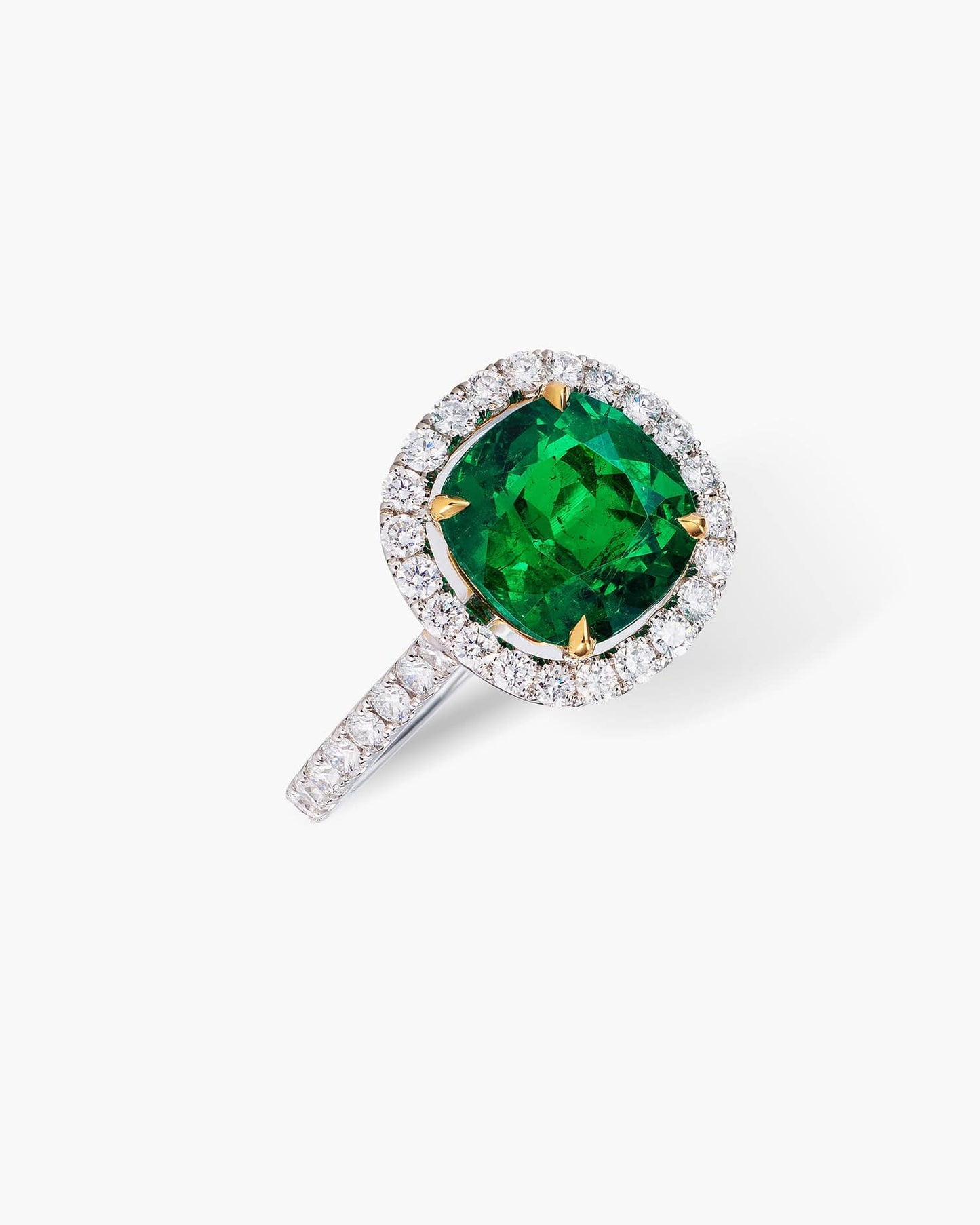 2.64 carat Cushion Cut Colombian Emerald and Diamond Ring