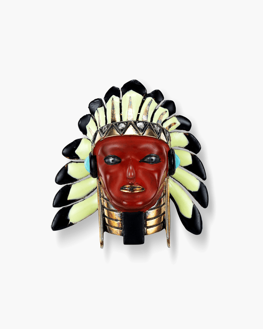 Art Deco Diamond, Turquoise and Lacquer Sioux Indian Head Brooch by Cartier