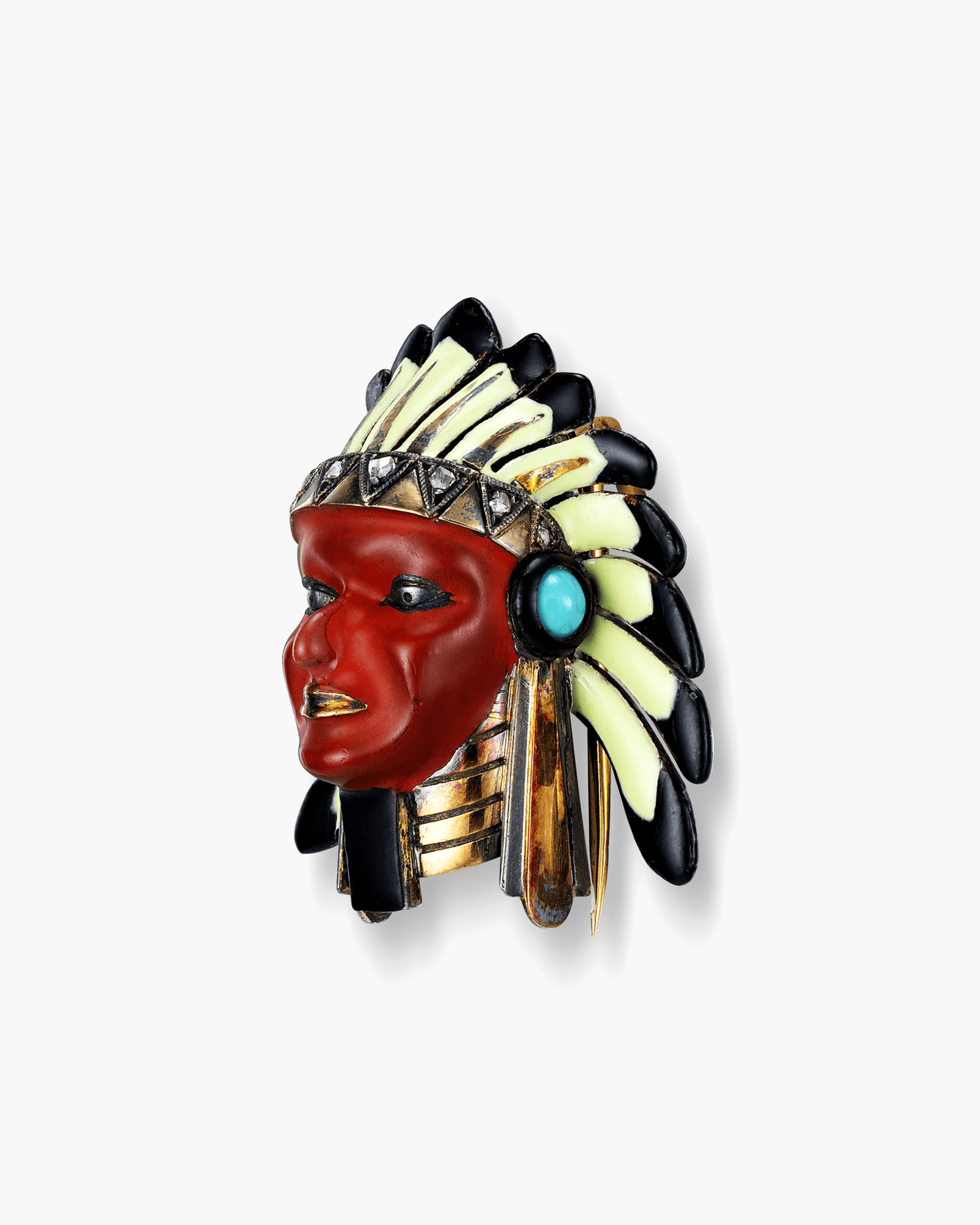 Art Deco Diamond, Turquoise and Lacquer Sioux Indian Head Brooch by Cartier
