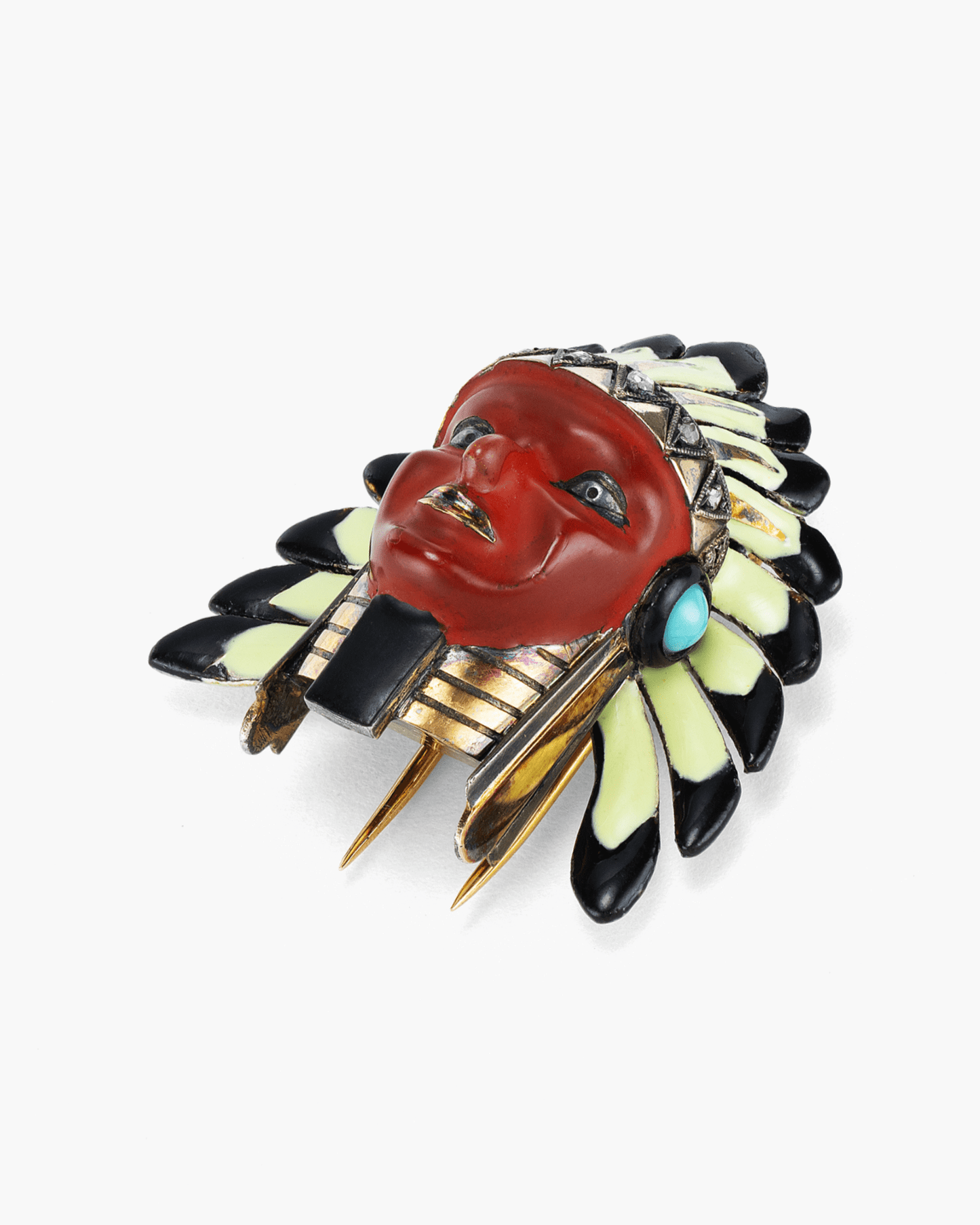 Art Deco Diamond, Turquoise and Lacquer Sioux Indian Head Brooch by Cartier