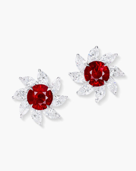 2.32 carat Round Cut Burmese Ruby and Diamond Ear Studs