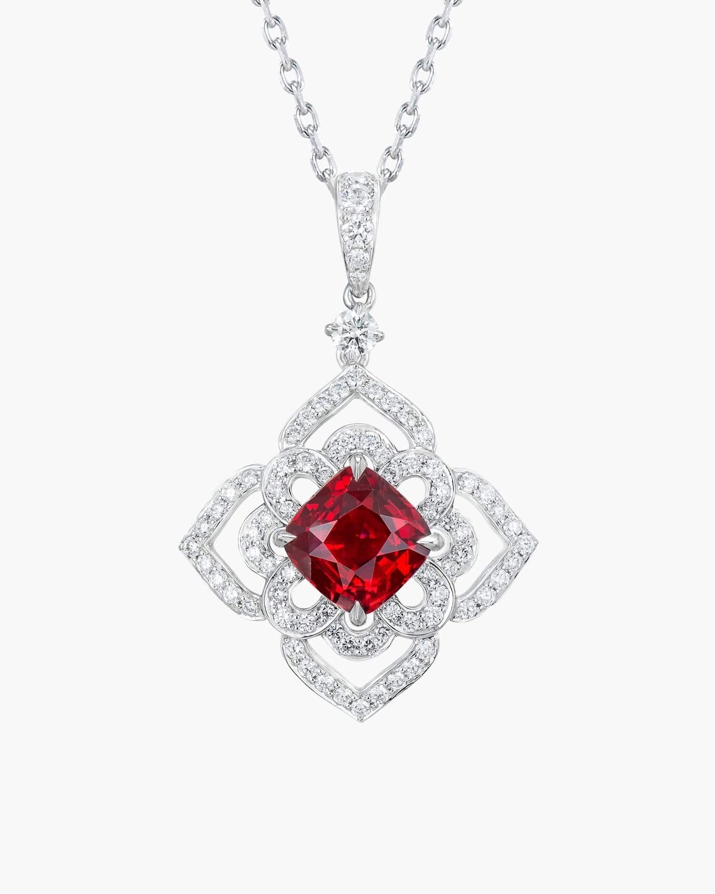 2.52 carat Cushion Cut Mozambique Ruby and Diamond Lotus Pendant Necklace