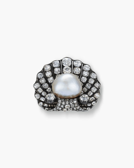 Victorian Natural Pearl and Diamond Shell Brooch