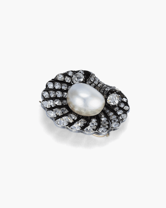 Victorian Natural Pearl and Diamond Shell Brooch